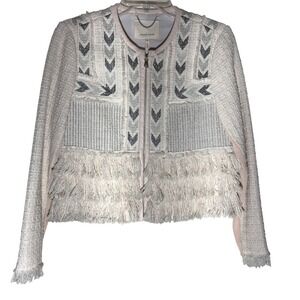 Rebecca Taylor Tweed Fringe Jacket SZ 10 Cream Black‎ Embellished Boho Western